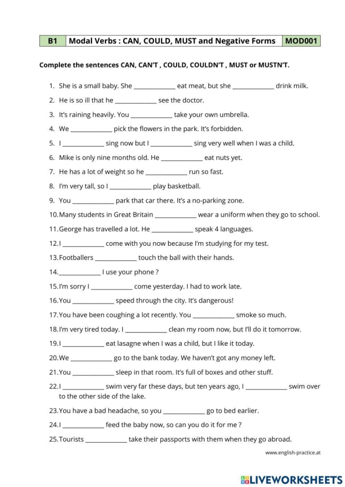 Fourth-grade worksheet focused on practicing modal verbs in sentences