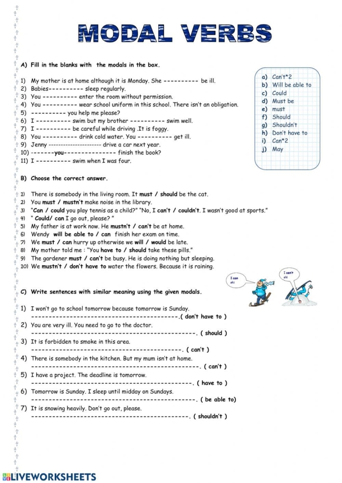 Fourth-grade worksheet featuring exercises on modal verbs in sentences
