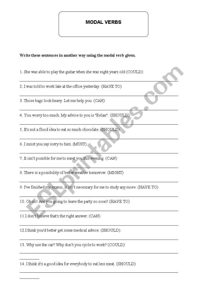 Fourth grade worksheet practicing modal verbs in sentences for language skills