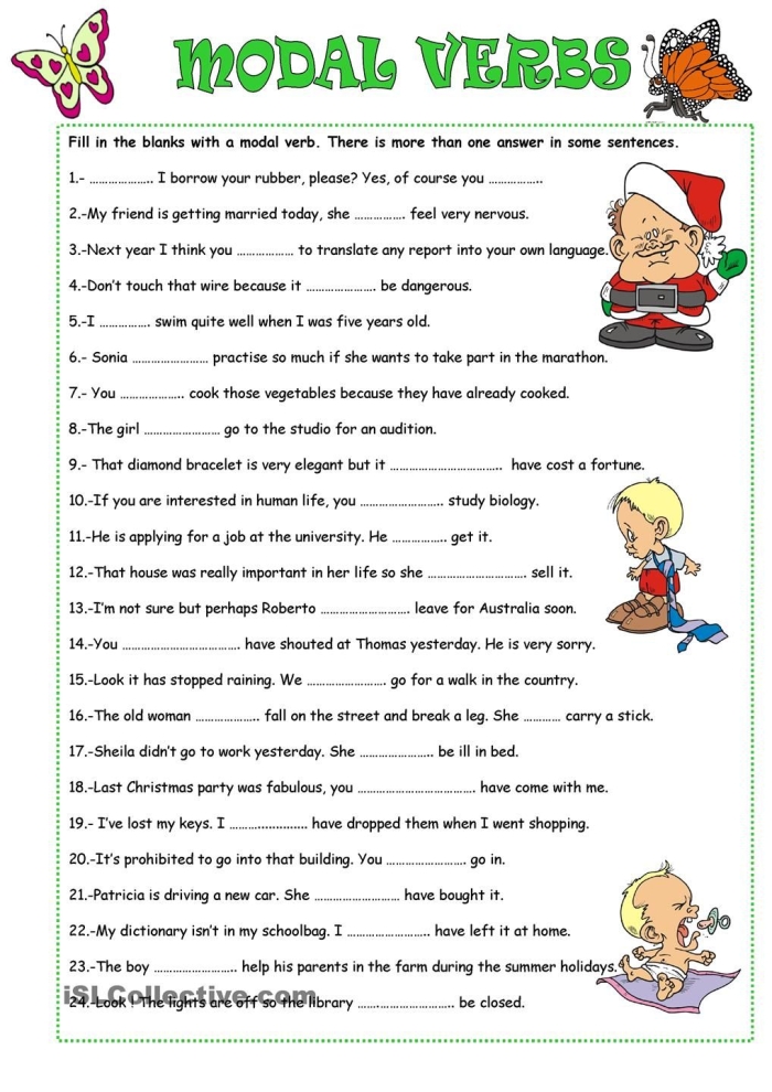 Fourth-grade worksheet focused on using modal verbs in sentences for algebra practice