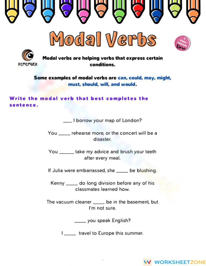 Fourth grade student completing a Use Modal Verbs worksheet focused on grammar