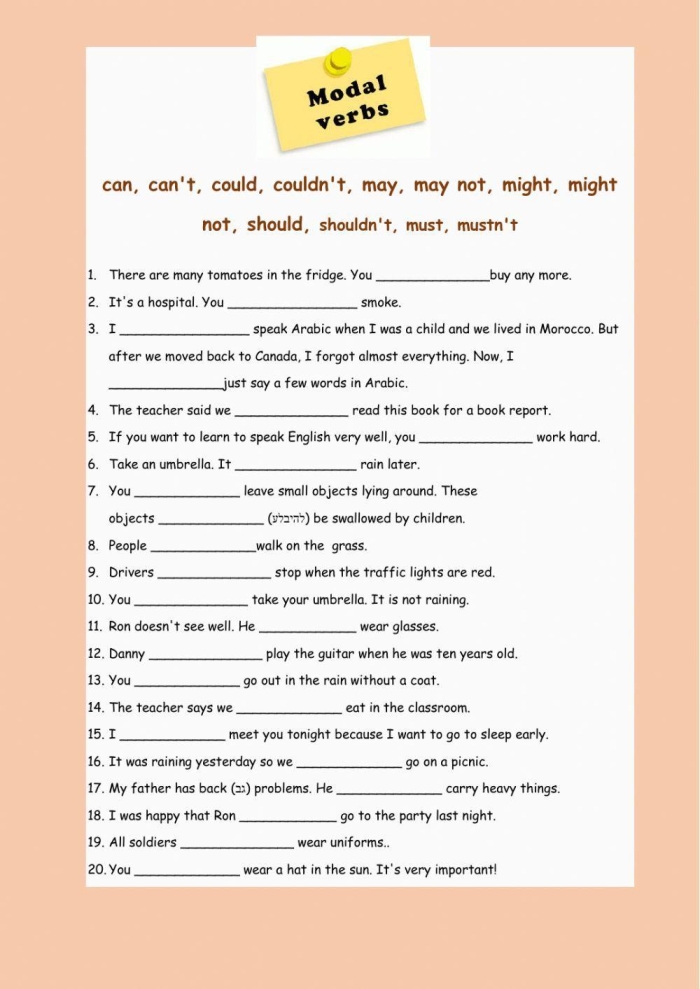 Fourth-grade worksheet practicing modal verbs in sentences