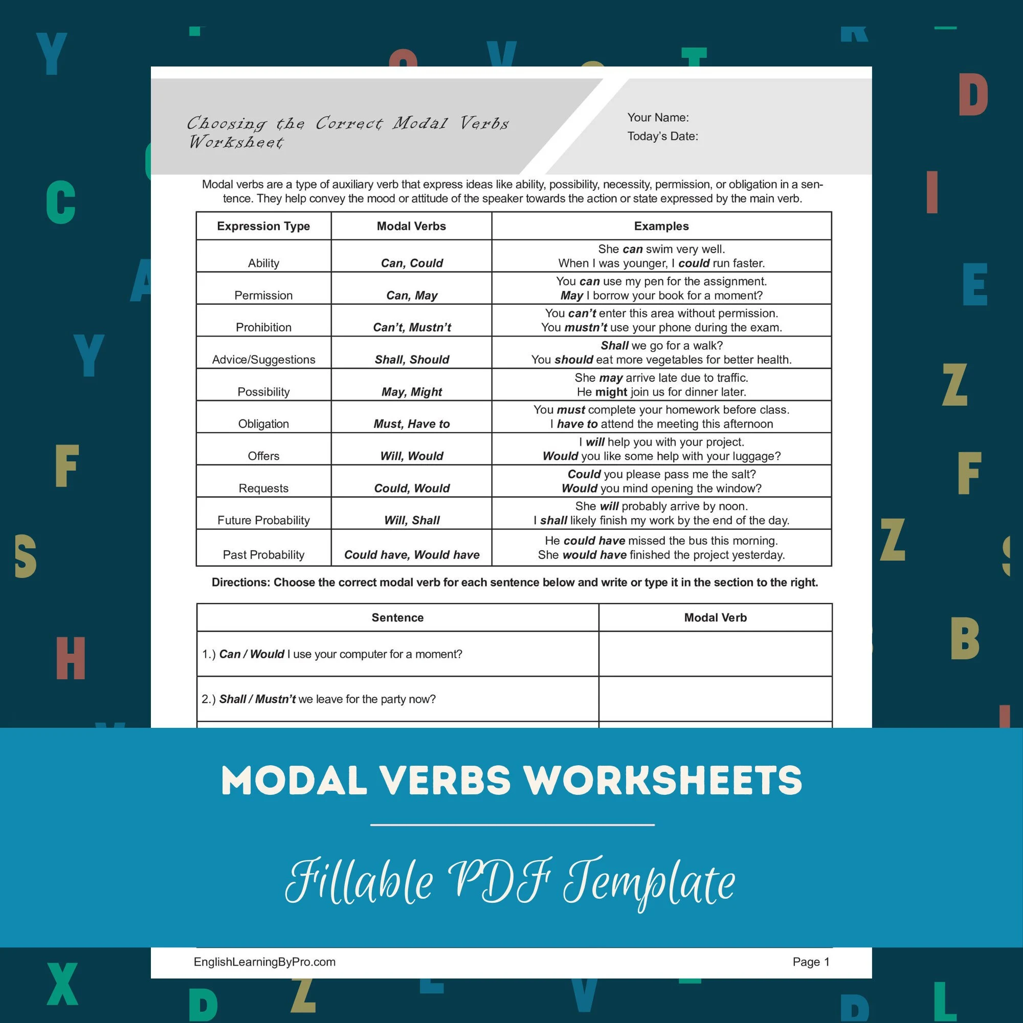 Fourth-grade worksheet focused on using modal verbs in sentences