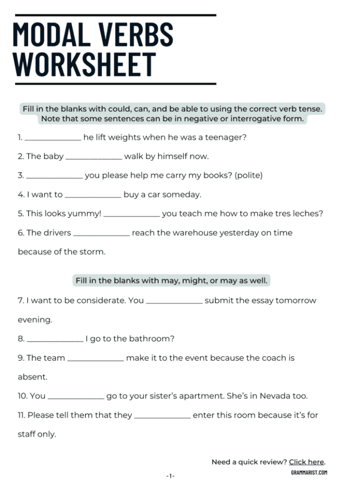 Fourth grade worksheet practicing modal verbs in sentences for grammar skills