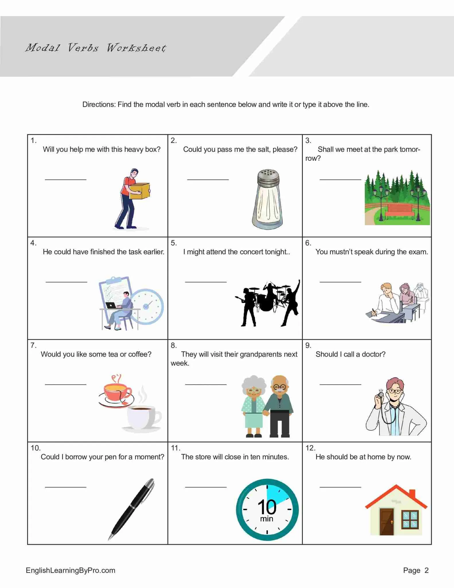 Fourth-grade worksheet practicing modal verbs in sentences for algebra context