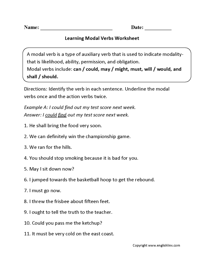 Fourth grade student practicing modal verbs in sentences on a worksheet