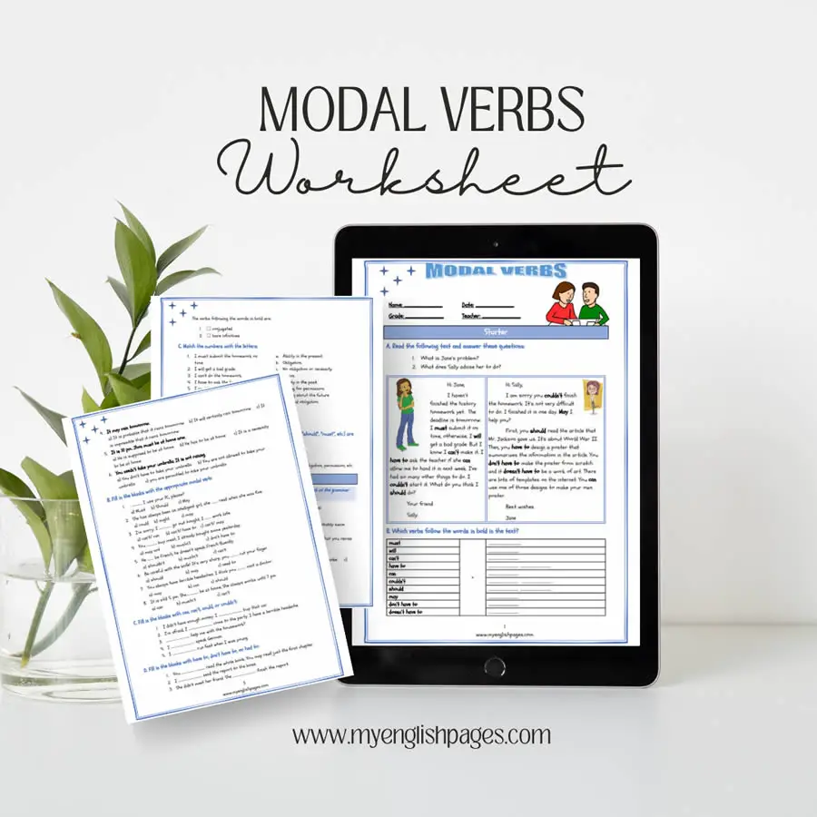 Fourth-grade worksheet focusing on the use of modal verbs in sentences