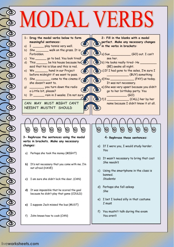 Fourth grade worksheet focused on practicing modal verbs in sentences for algebra students