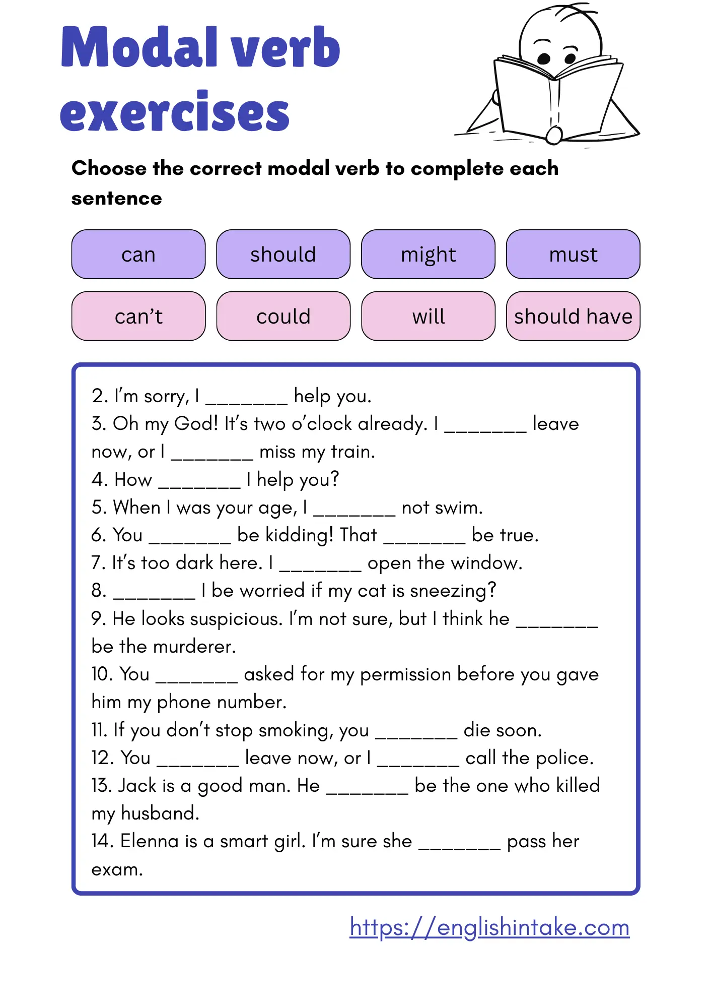 Fourth grade student completing a Use Modal Verbs worksheet focused on sentence construction