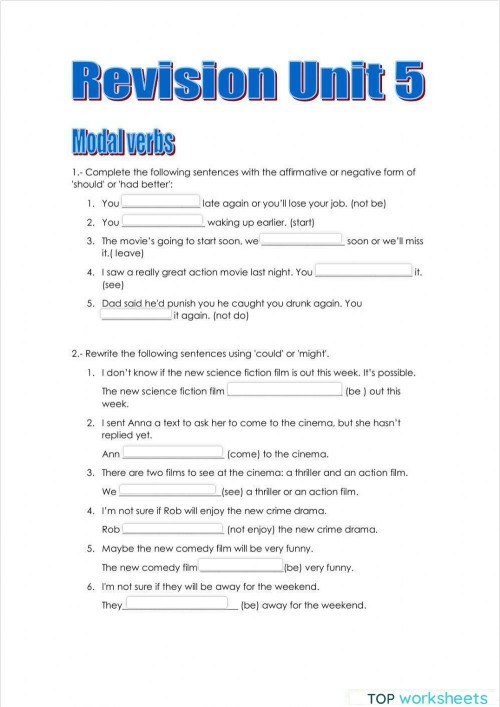 Fourth grade student completing a Use Modal Verbs worksheet focused on sentence writing