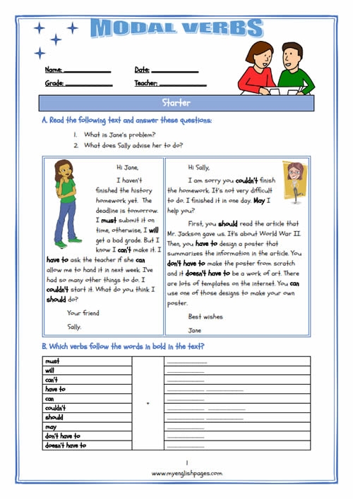 Fourth grade student completing a Use Modal Verbs worksheet focused on sentence writing