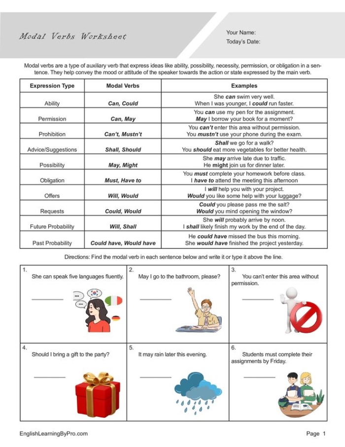 Fourth grade student completing a Use Modal Verbs worksheet focused on sentence construction
