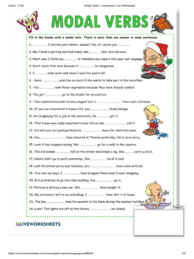 Fourth grade student practicing modal verbs in sentences on a worksheet for grammar skills
