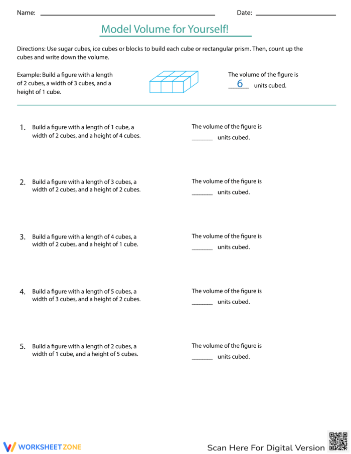 Worksheet featuring students building geometric shapes using sugar cubes to calculate volume