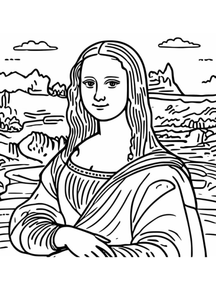First Grade Mona Lisa Coloring Page worksheet with simple outlines for coloring fun