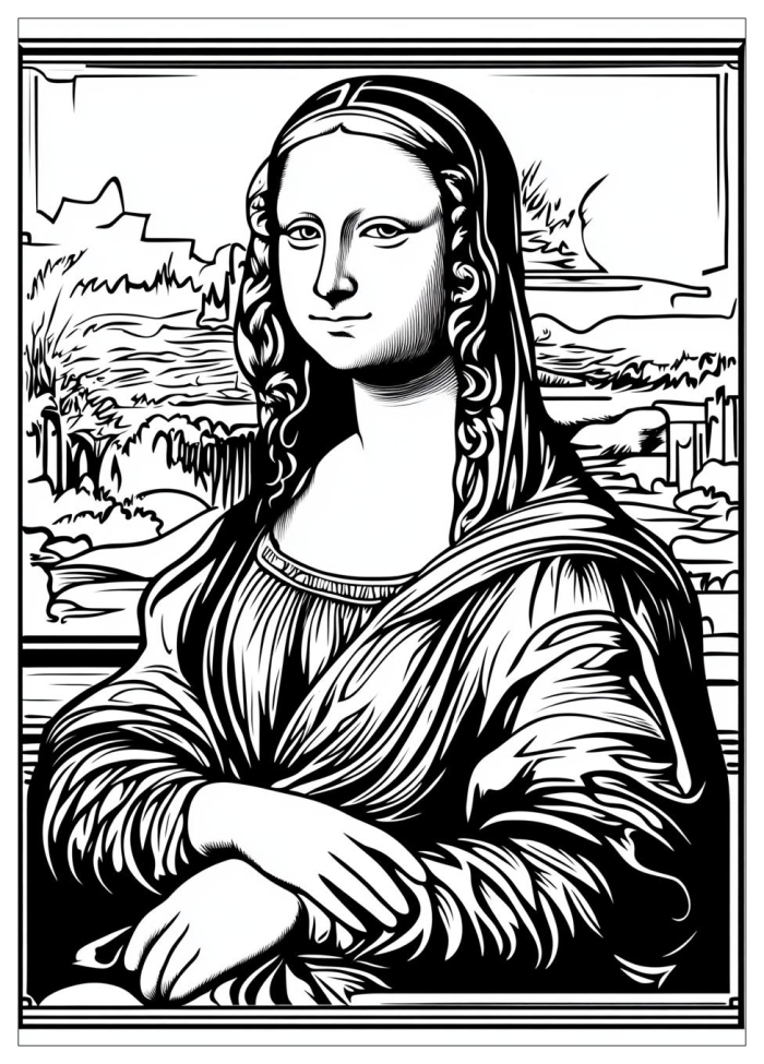 First Grade Mona Lisa Coloring Page worksheet with a famous portrait to color