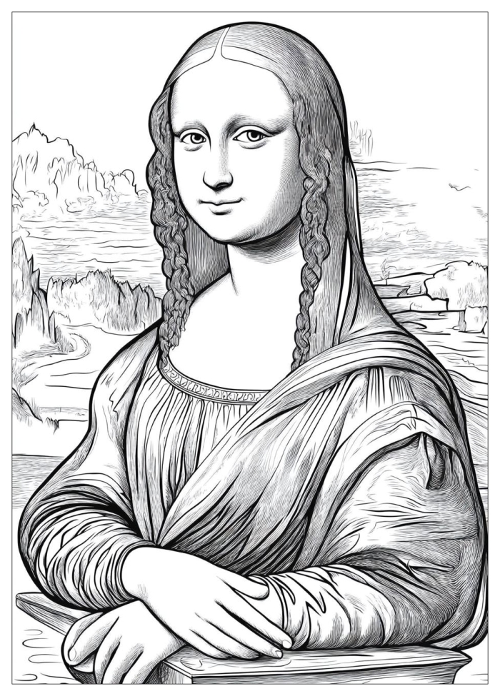 First Grade Mona Lisa Coloring Page worksheet with simple lines for kids to color