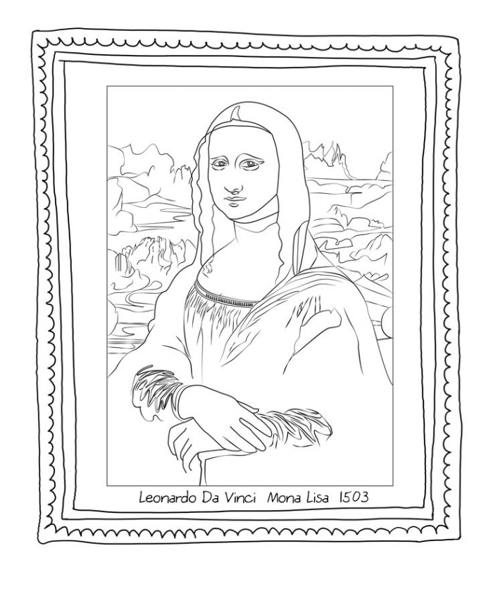 First Grade Mona Lisa Coloring Page worksheet showing a famous artwork for grammar and mechanics practice