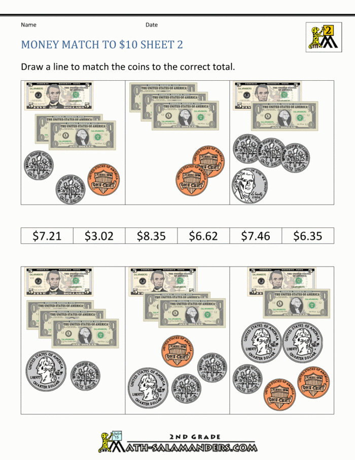 Second graders calculating the total money in various piggy banks for the Money Match worksheet