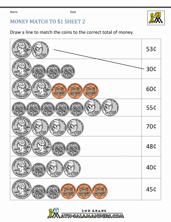 Second graders calculate the amount of money in various piggy banks on the Money Match worksheet. Engaging worksheet for second-grade geometry focusing on money skills.