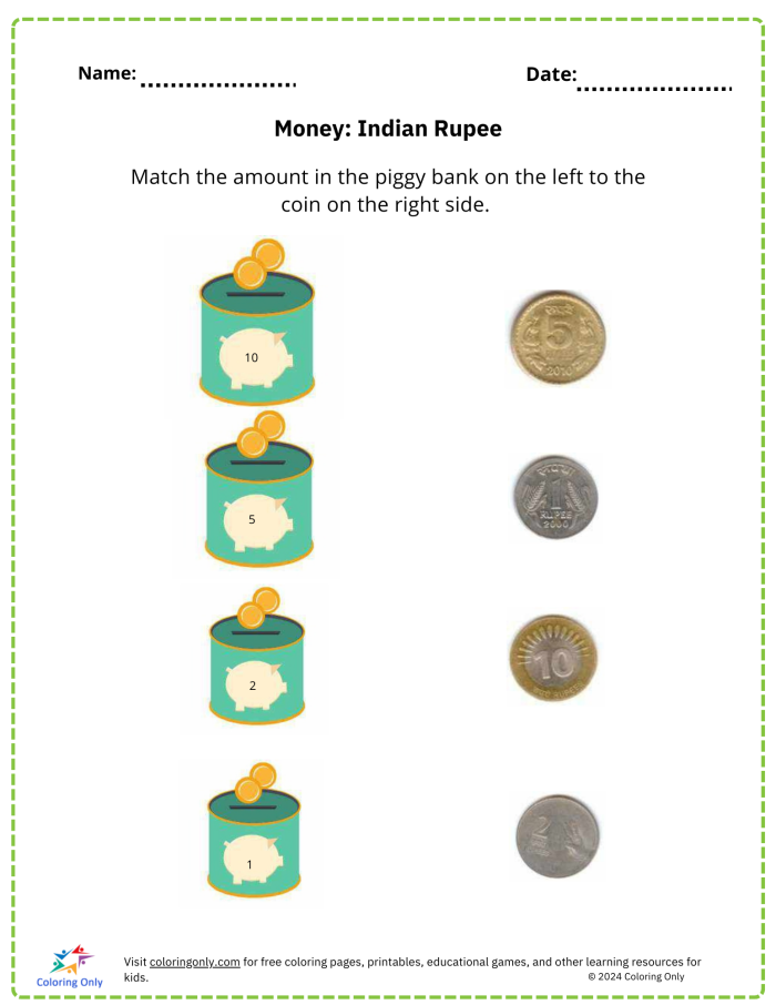 Second graders calculate the total amount of money in various piggy banks for the Money Match worksheet. Visual representation of the Money in the Bank activity for second-grade geometry students.