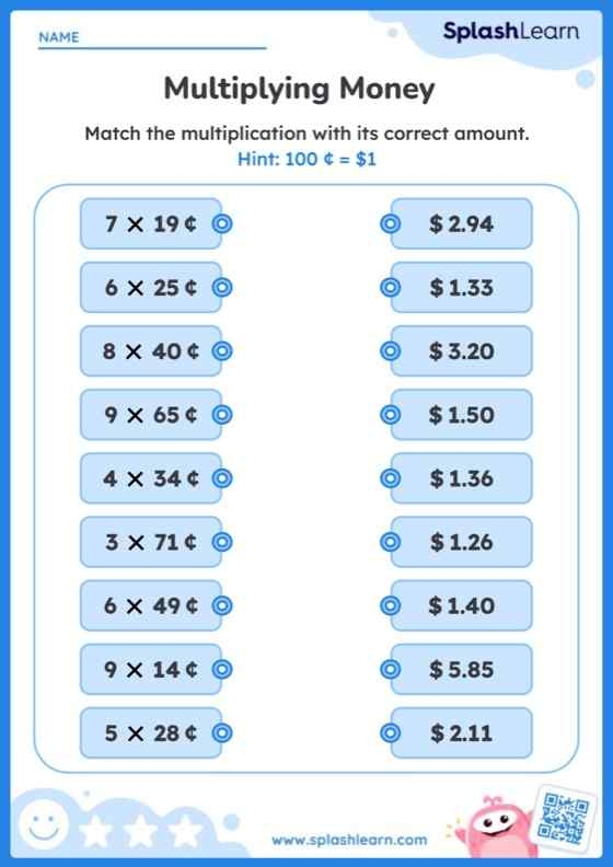 Second grade students analyze piggy banks to calculate the total money inside. Money Match worksheet for second graders focusing on geometry and financial literacy.