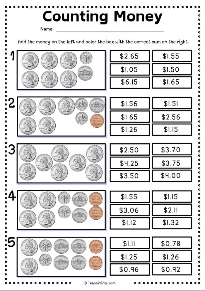 Second grade students solving the Money Match worksheet, counting coins in piggy banks. Money Match: Money in the Bank worksheet for second graders exploring geometry and money concepts.