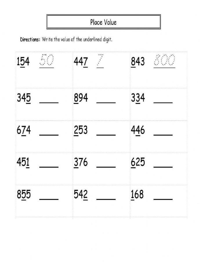 Second grade worksheet focusing on money and place value with hundreds, tens, and ones