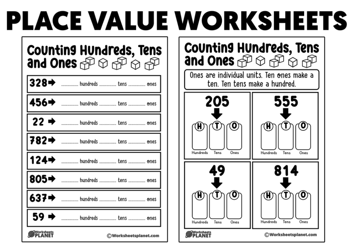 Second Grade worksheet focusing on money and place value with hundreds, tens, and ones