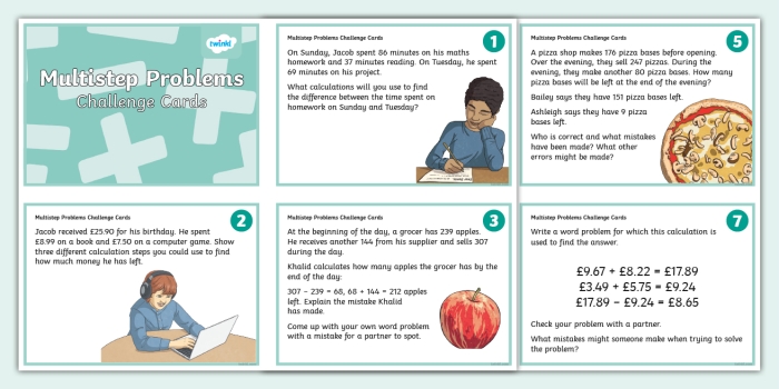 Underwater-themed worksheet showing sea creatures with multi-step addition and multiplication problems