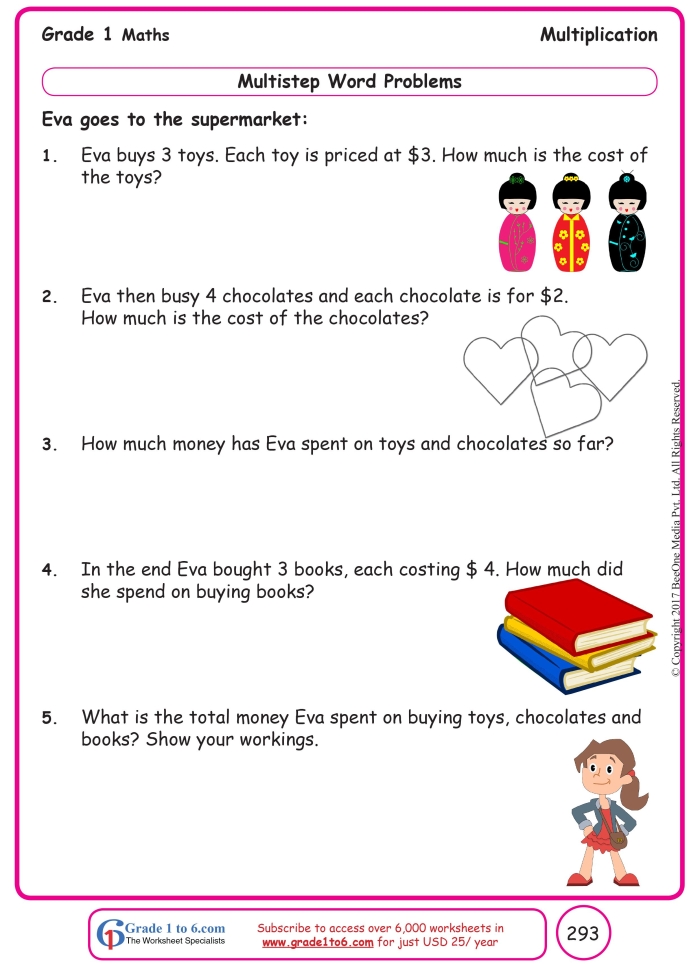 Underwater-themed worksheet featuring sea creatures with multi-step addition and multiplication problems for third graders