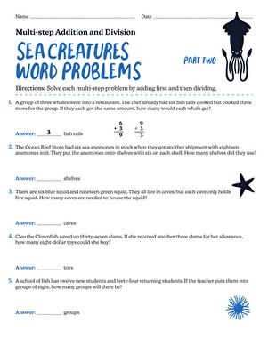 Sea Creatures Word Problems worksheet for third graders with fun sight word challenges Underwater-themed worksheet featuring sea creatures for multi-step addition and subtraction word problems