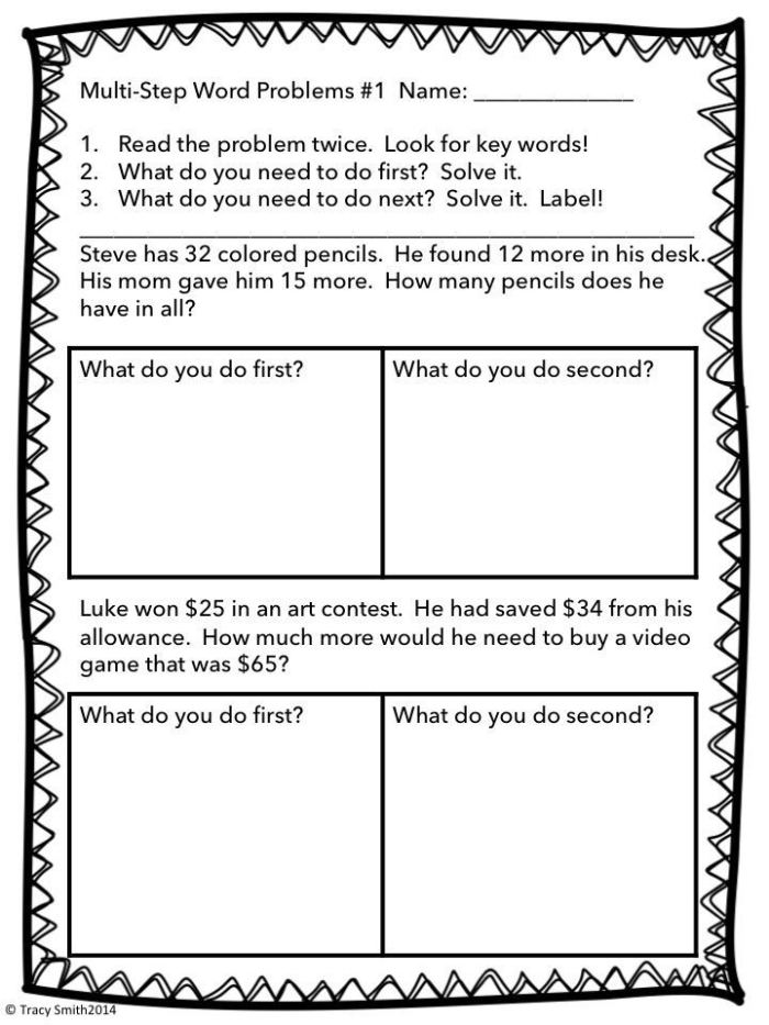 Sea Creatures Word Problems worksheet designed for practicing multi-step math in third grade, image 25 Underwater-themed worksheet featuring multi-step addition and subtraction word problems with sea creatures for third graders