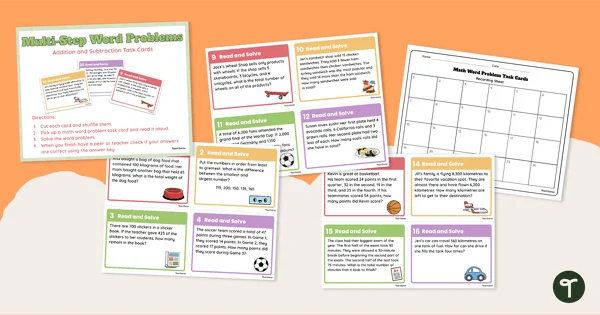 Underwater-themed multi-step math challenges for third graders with sea animals - Worksheet 5 Third Grade worksheet featuring sea creatures with multi-step addition and subtraction word problems