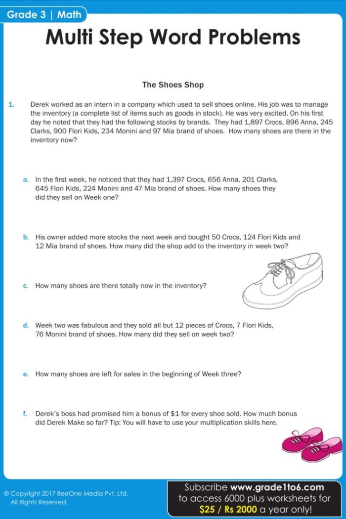 Sea Creatures Word Problems Worksheet for third graders with playful math challenges 18 Underwater-themed worksheet featuring sea creatures for practicing multi-step addition and subtraction word problems
