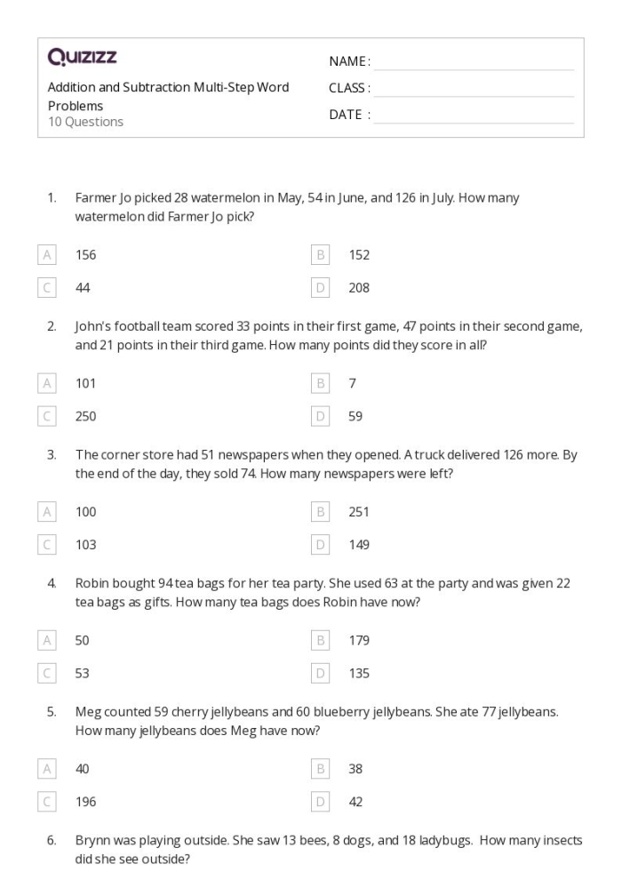 Worksheet for third graders practicing multi-step math with sea creature word problems, image 24 Underwater-themed worksheet featuring multi-step addition and subtraction word problems about sea creatures