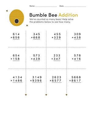 Bumble Bee Addition practice sheet for learning three- and four-digit sums, image 12 Fourth grade worksheet featuring bumble bee themed multidigit addition problems