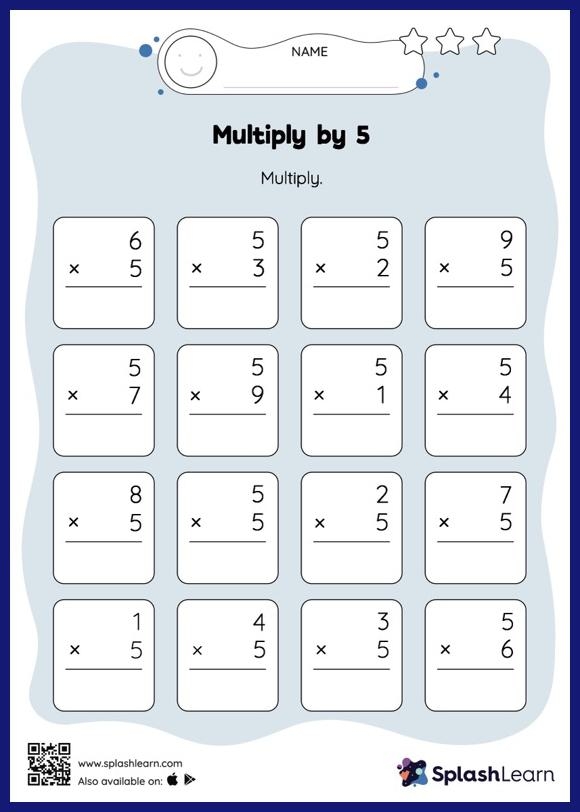 Worksheet for practicing multiplication strategies with the number five, image 2 Third grade students practicing multiplication by 5 on a worksheet