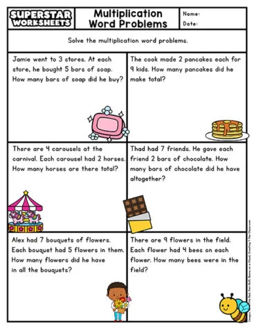 Worksheet for practicing multiplication through party-themed word problems for third graders Third Grade multiplication word problems focused on party planning in a worksheet