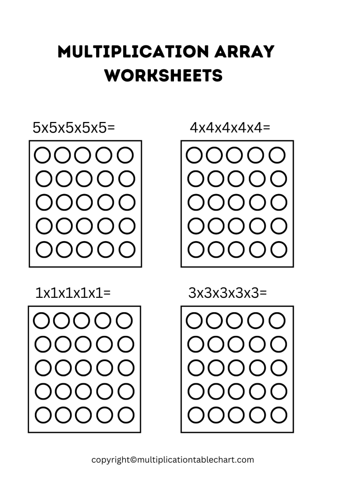 Array Multiplication Part One exercise for third graders focusing on rows, columns, and multiplication sentences, image 25 Third Grade worksheet showing arrays with rows and columns to practice multiplication sentences