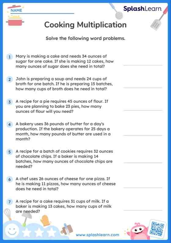 Worksheet 6: Sweet multiplication practice with baking scenarios for earth and space science learners Third grade students solving baking-themed multiplication word problems on a worksheet