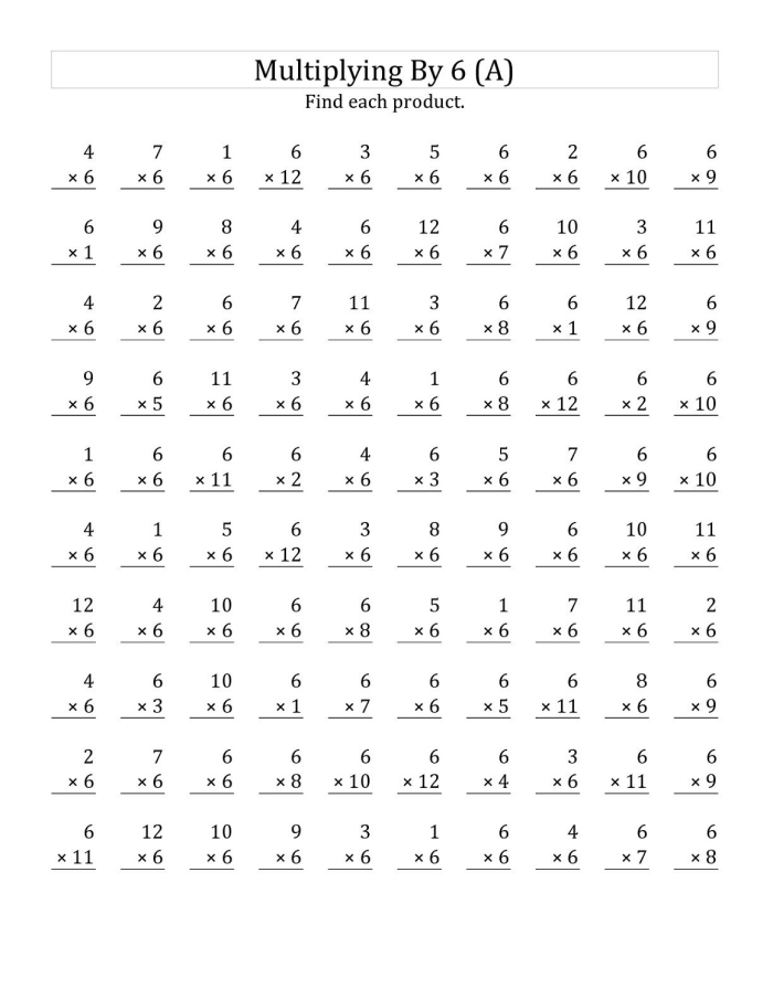 Third grade times tables worksheet focusing on multiplying by six