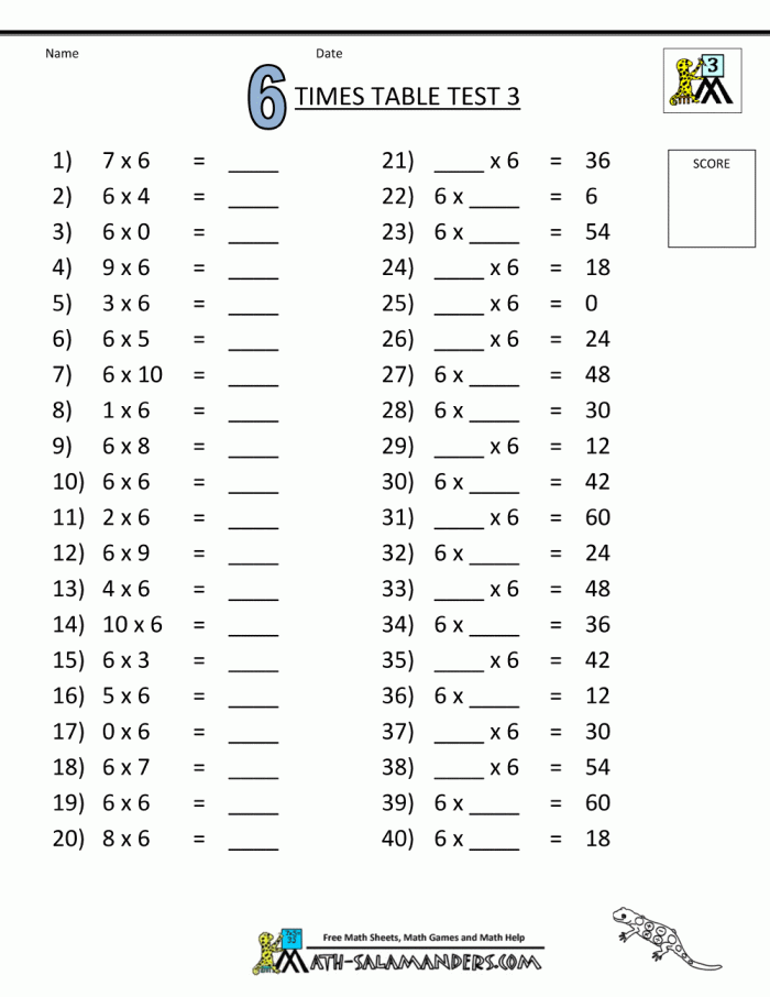 Third grade math worksheet featuring multiplication problems with the number six