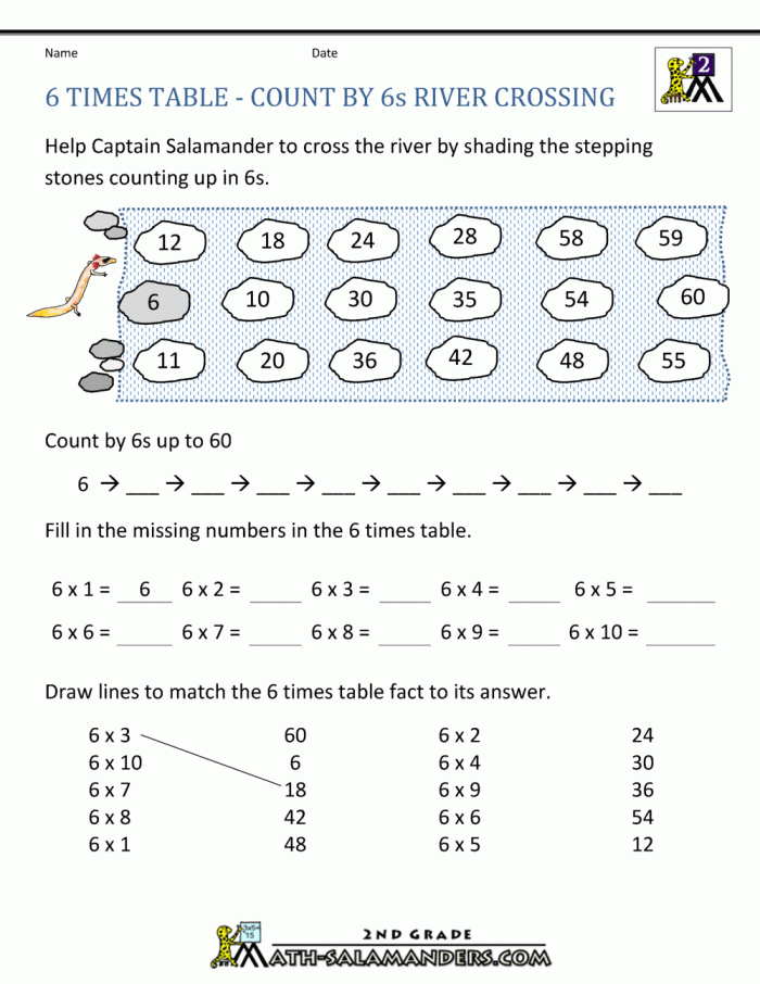 Third grade math worksheet for practicing multiplication tables of six