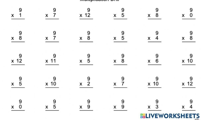 Multiplying by 9 worksheet designed for fourth grade math practice session Fourth grade student practicing multiplication by 9 on a colorful worksheet