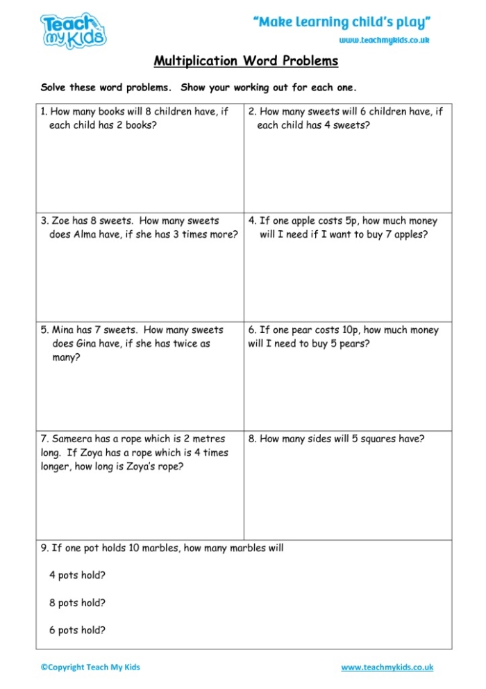 Worksheet on party-themed multiplication word problems for third graders, image 20 Third grade multiplication word problems about party preparations worksheet