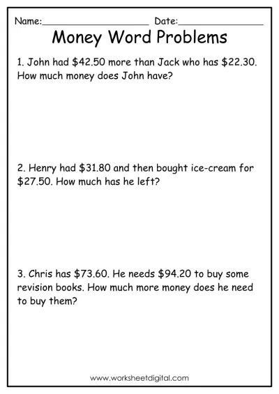Money-themed multiplication problems worksheet for fifth grade students Multiplication word problems worksheet focusing on money concepts for fifth graders