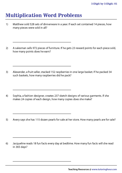 Worksheet 21 for practicing multiplication with party-themed word problems Third grade multiplication word problems about party preparations on a worksheet