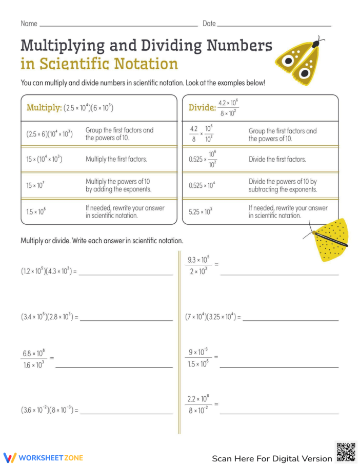 Preview of matching worksheet activity showing scientific notation calculations for multiplying and dividing numbers Eighth grade students matching multiplication and division problems written in scientific notation format