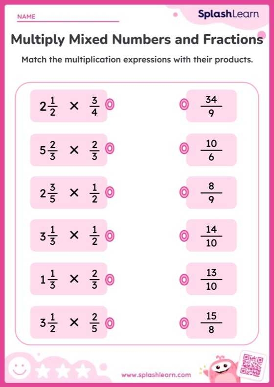 Fifth grade worksheet showing how to multiply mixed numbers using the area model